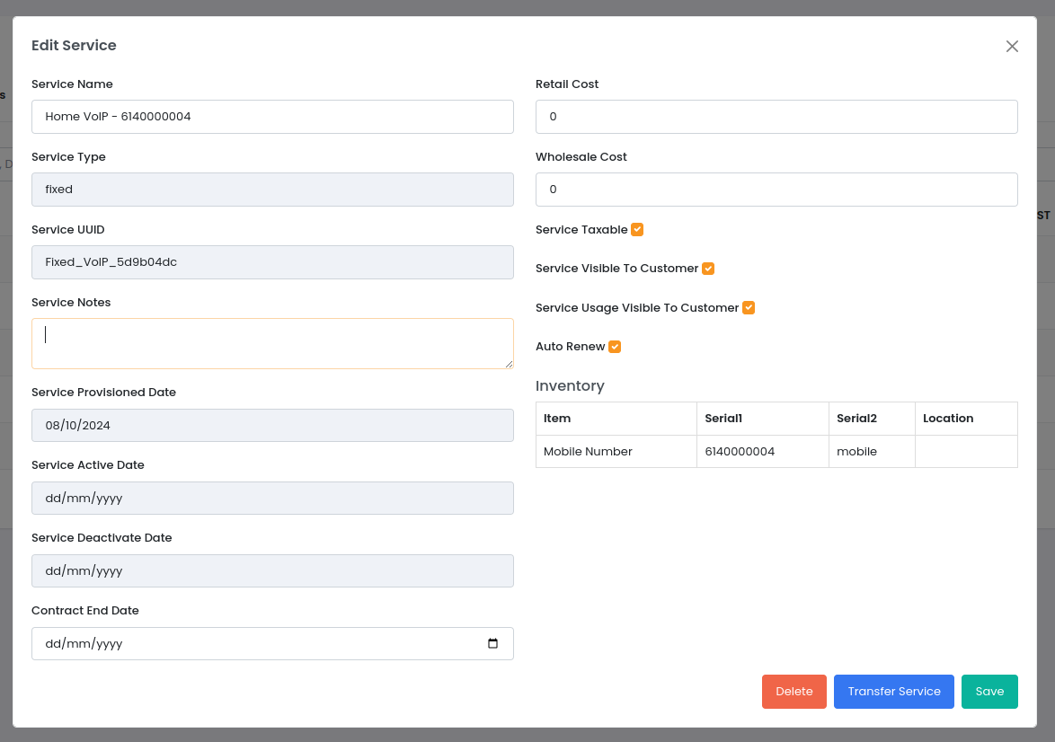 عرض عناصر المخزون المرتبطة بخدمة في OmniCRM