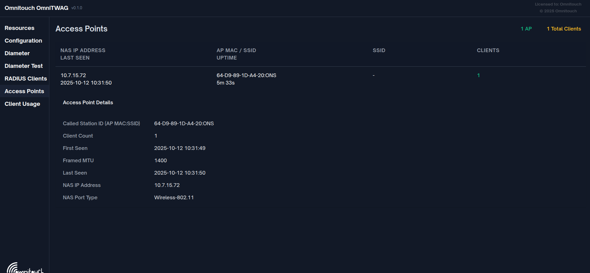 Web UI view showing connected WiFi APs