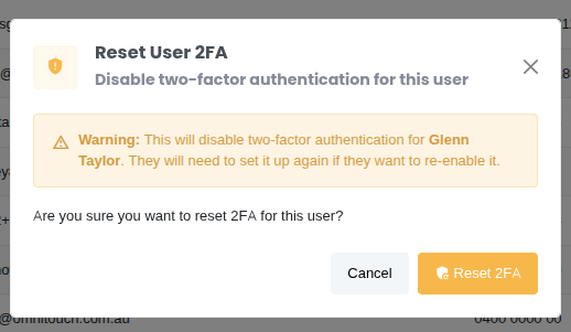 Admin Reset User 2FA Confirmation