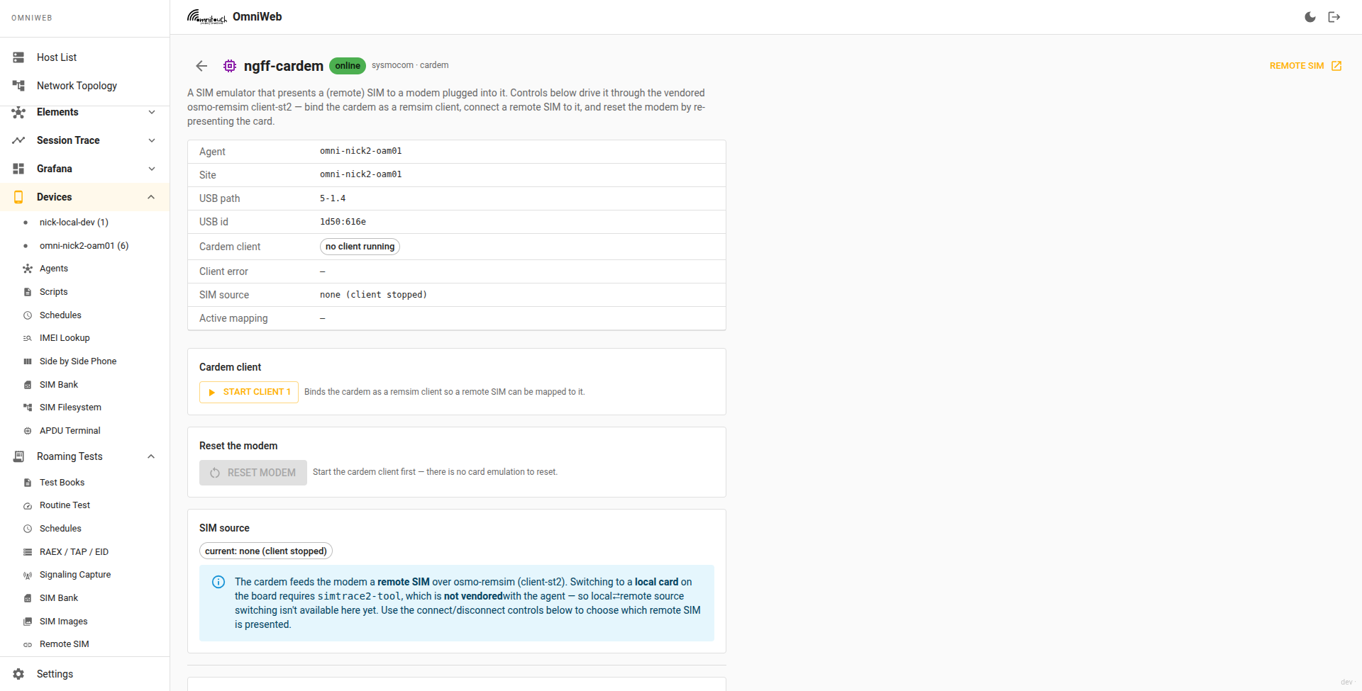 Cardem console — client controls, modem reset, SIM source and the active mapping