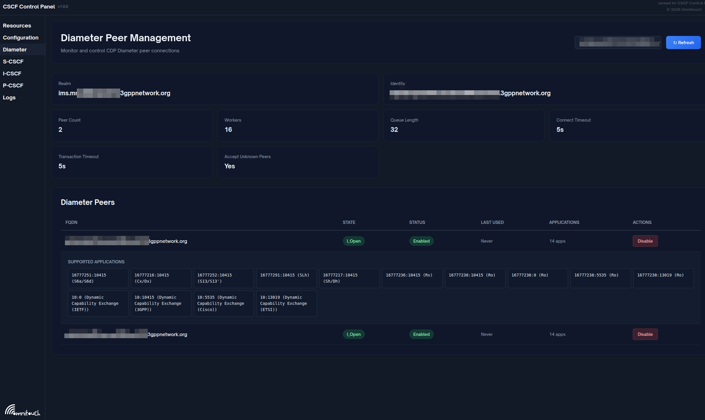Diameter Peer Details with Applications
