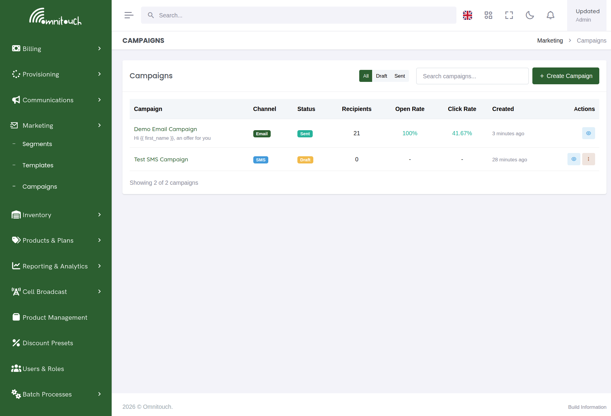 Campaigns list with channel column