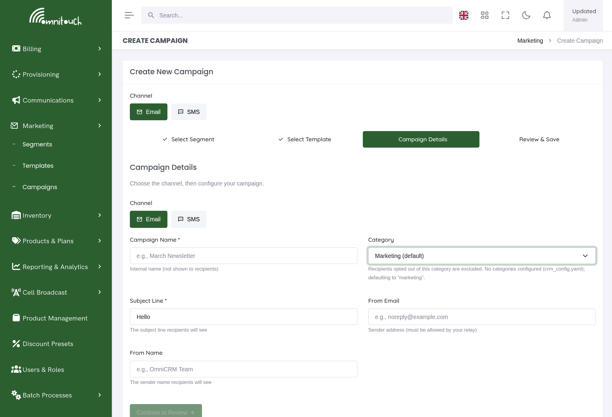 Email campaign details — channel and category