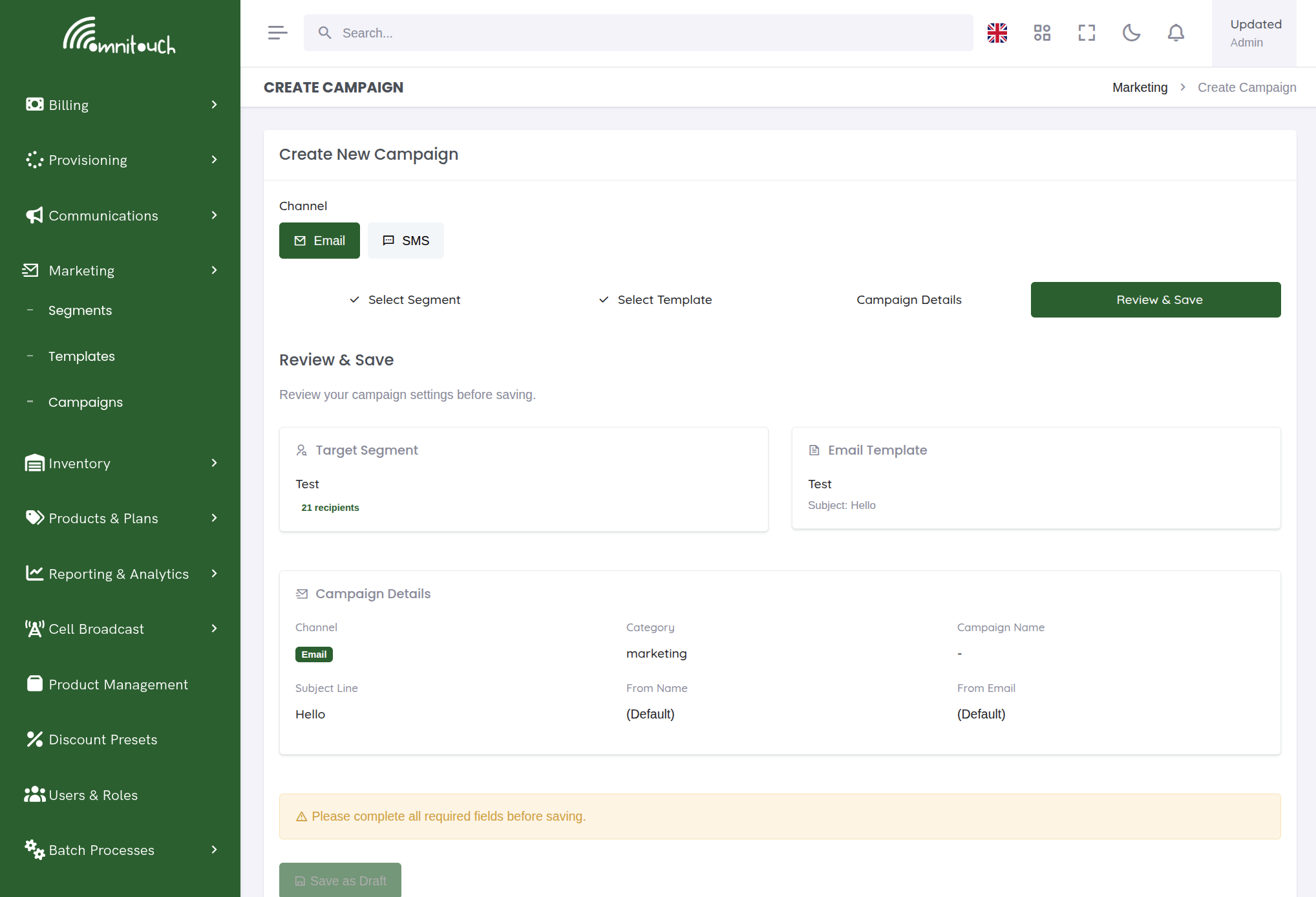 Email campaign — review and save