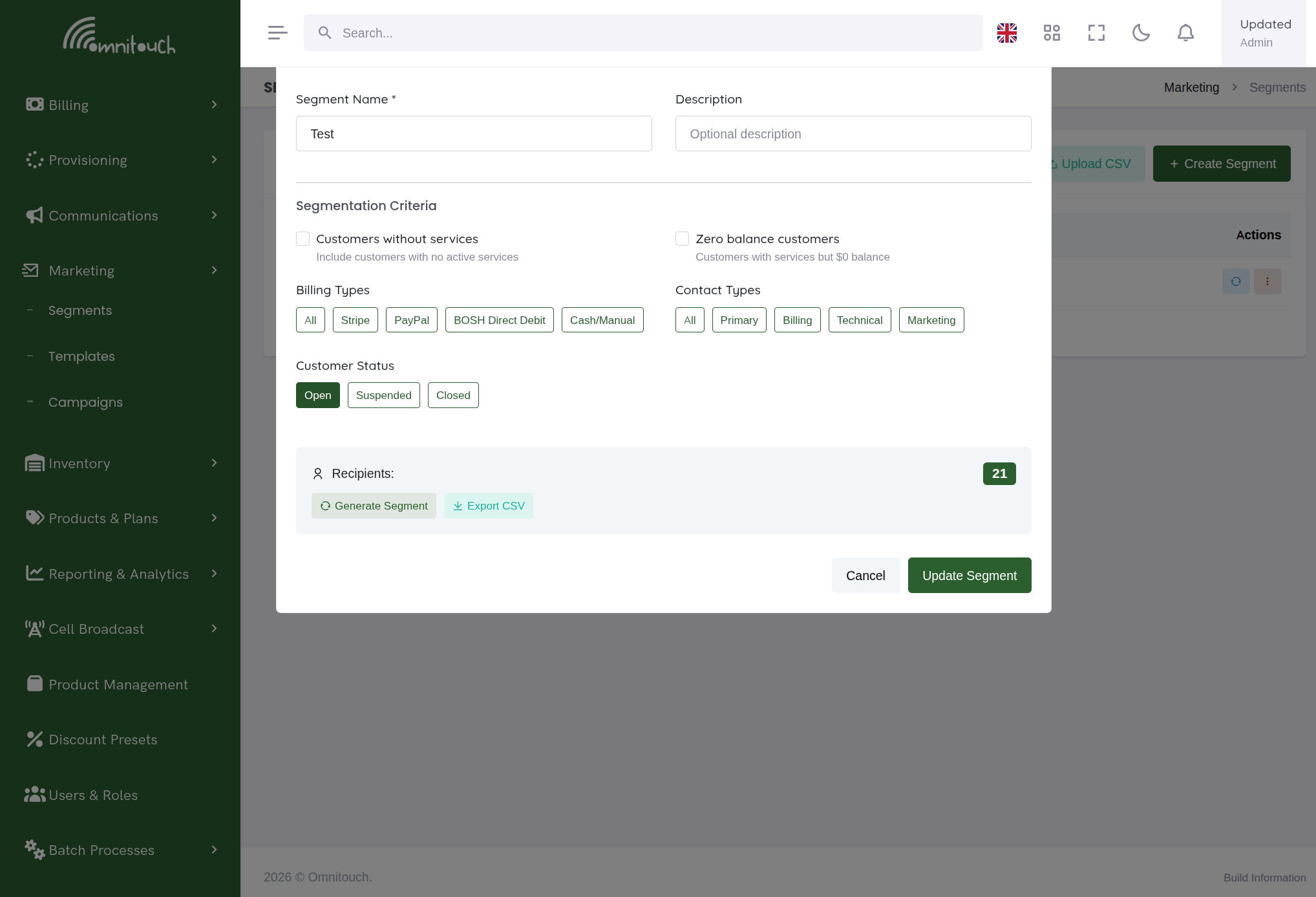 Segment editor with recipient count and CSV export