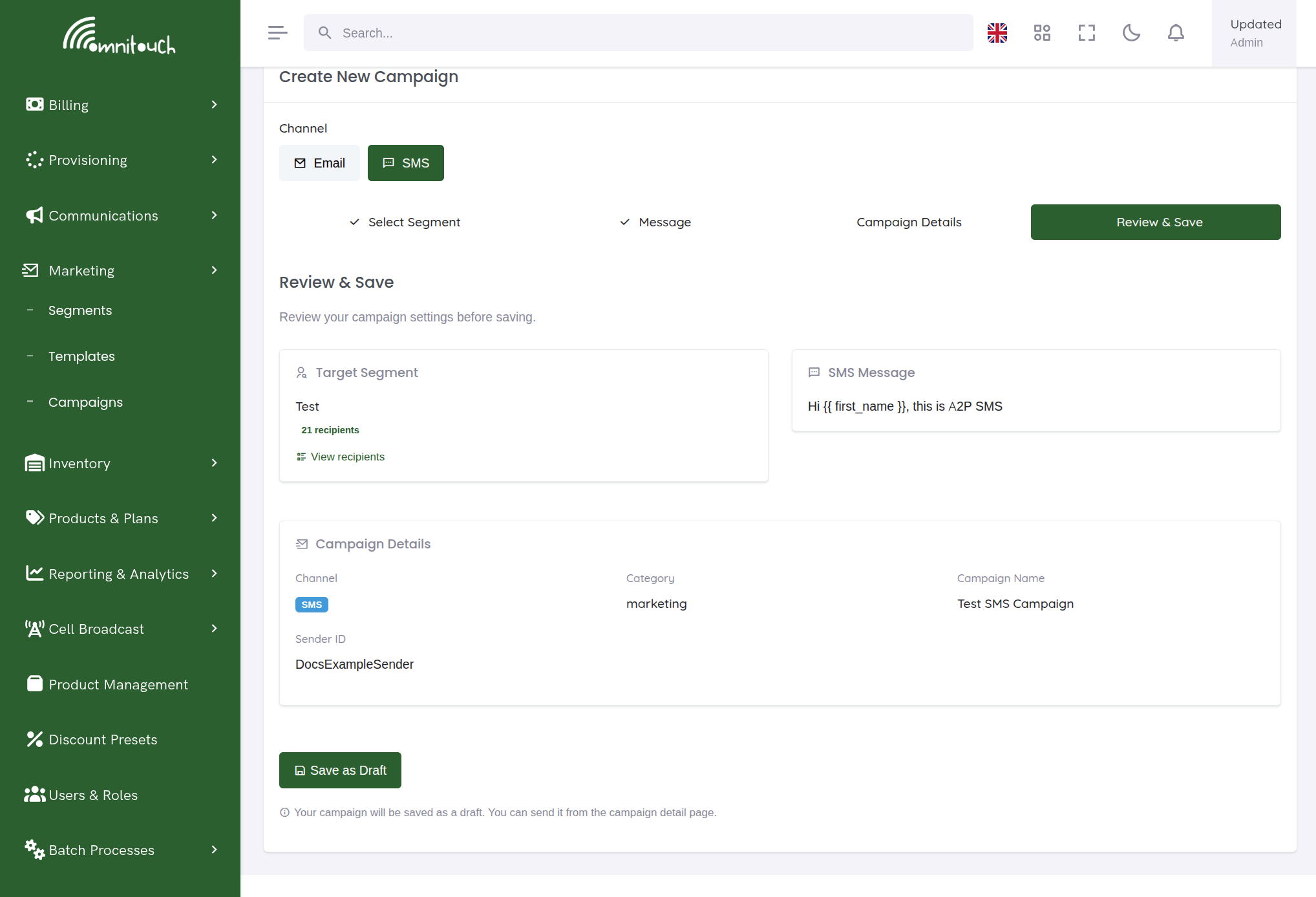 SMS campaign — review with View recipients