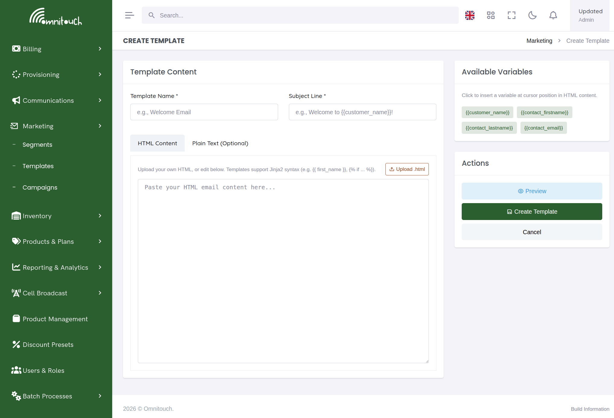 Template editor — upload HTML and insert variables