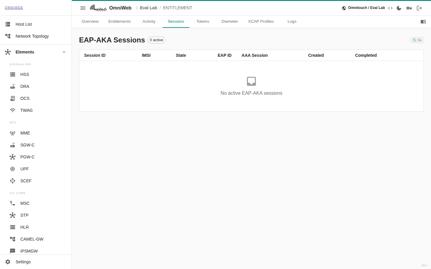 The Sessions tab listing active EAP‑AKA authentication sessions