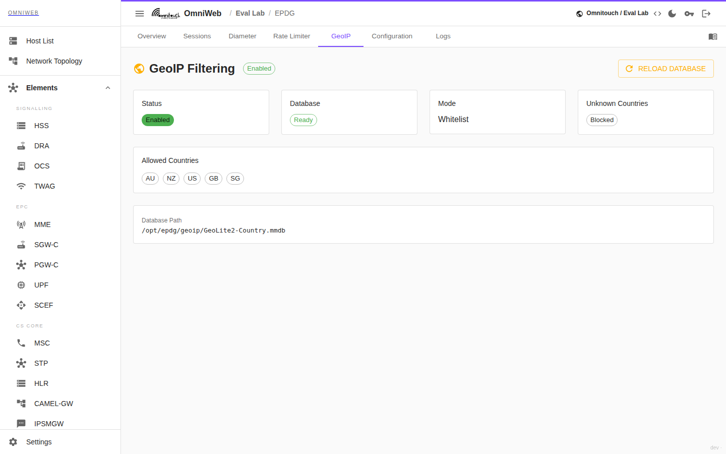 The ePDG GeoIP tab showing whether country-based filtering is enabled and ready, the whitelist/blacklist mode, the allowed or blocked country list, the GeoIP database in use and whether unknown-country IPs are allowed