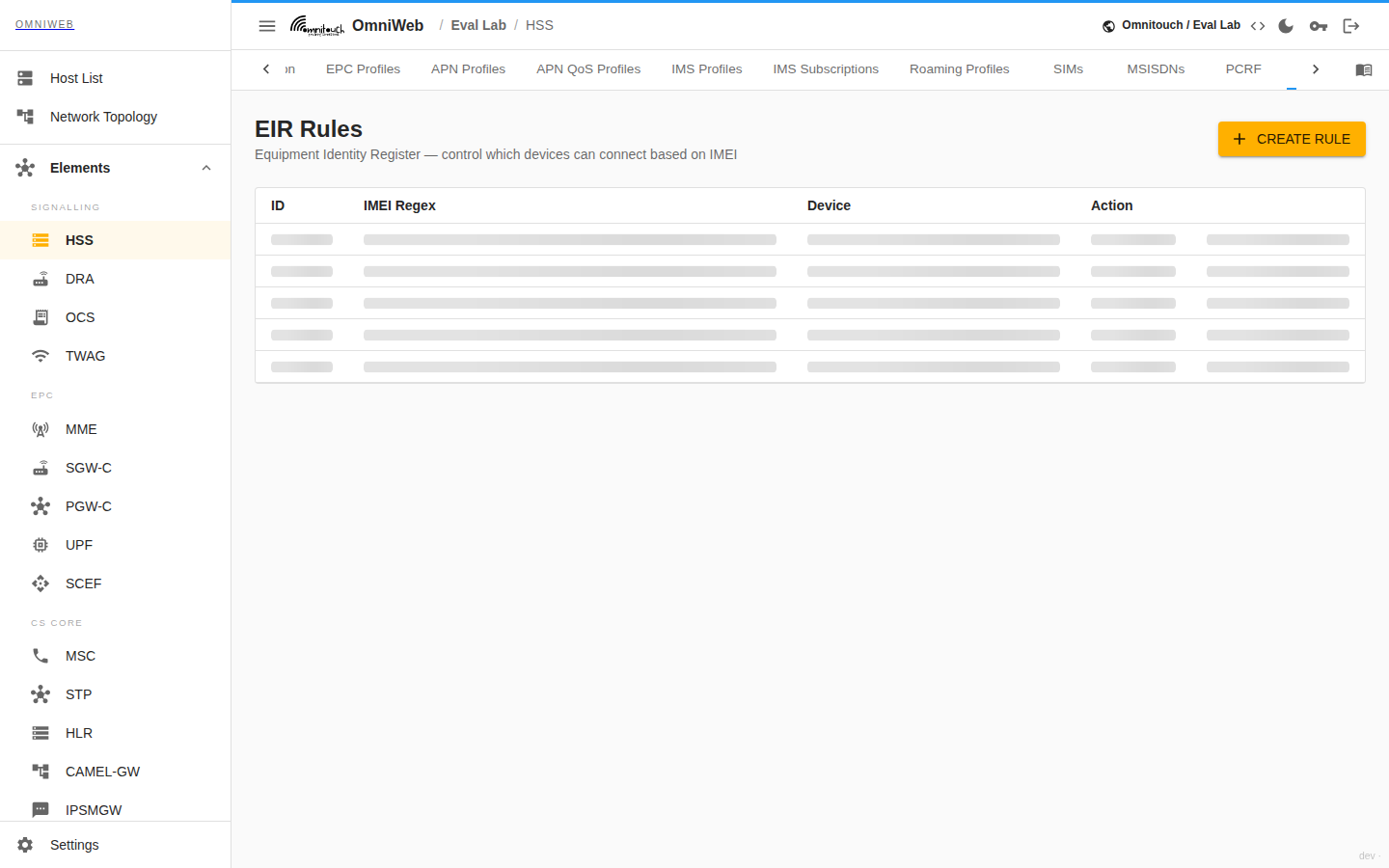 The HSS EIR tab listing equipment identity rules matching IMEI patterns to an action