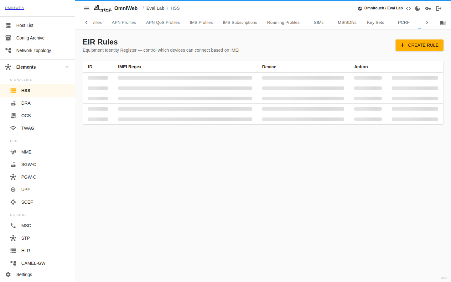 The HSS EIR tab listing equipment identity rules matching IMEI patterns to an action