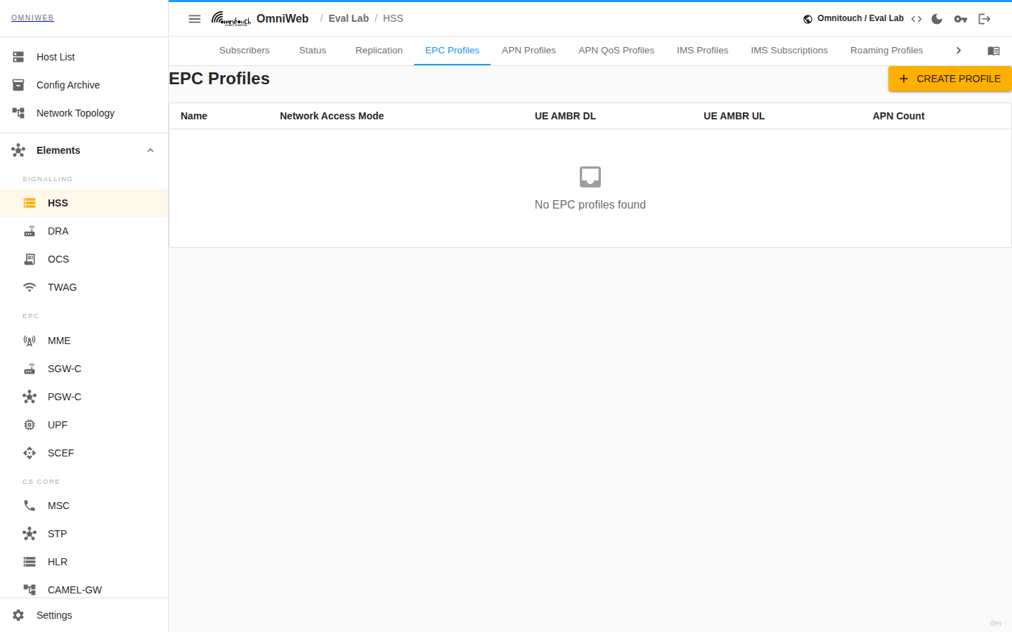 The HSS EPC Profiles tab showing profile settings and the assigned APN profiles