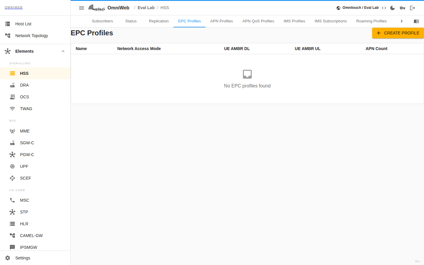 The HSS EPC Profiles tab showing profile settings and the assigned APN profiles