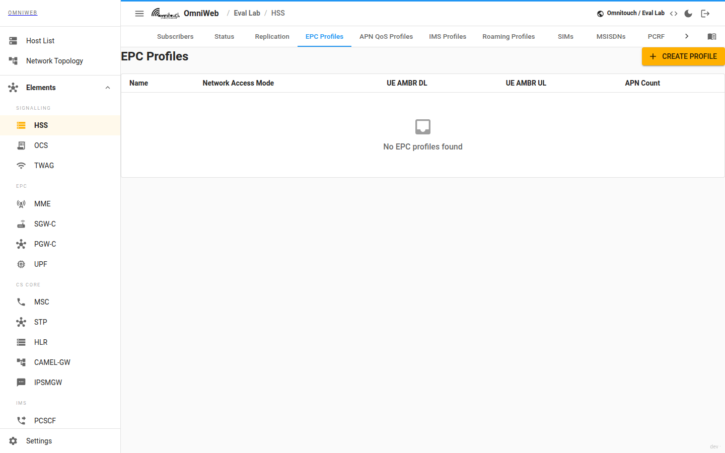 The HSS EPC Profiles tab showing profile settings and the assigned APN profiles