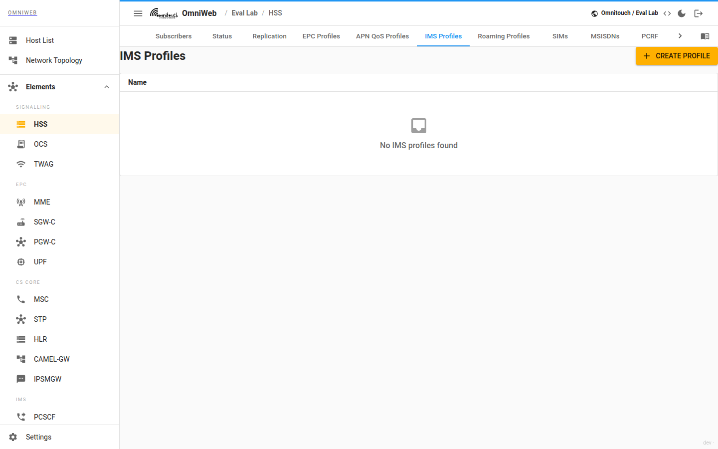 The HSS IMS Profiles tab showing profiles and their iFC template
