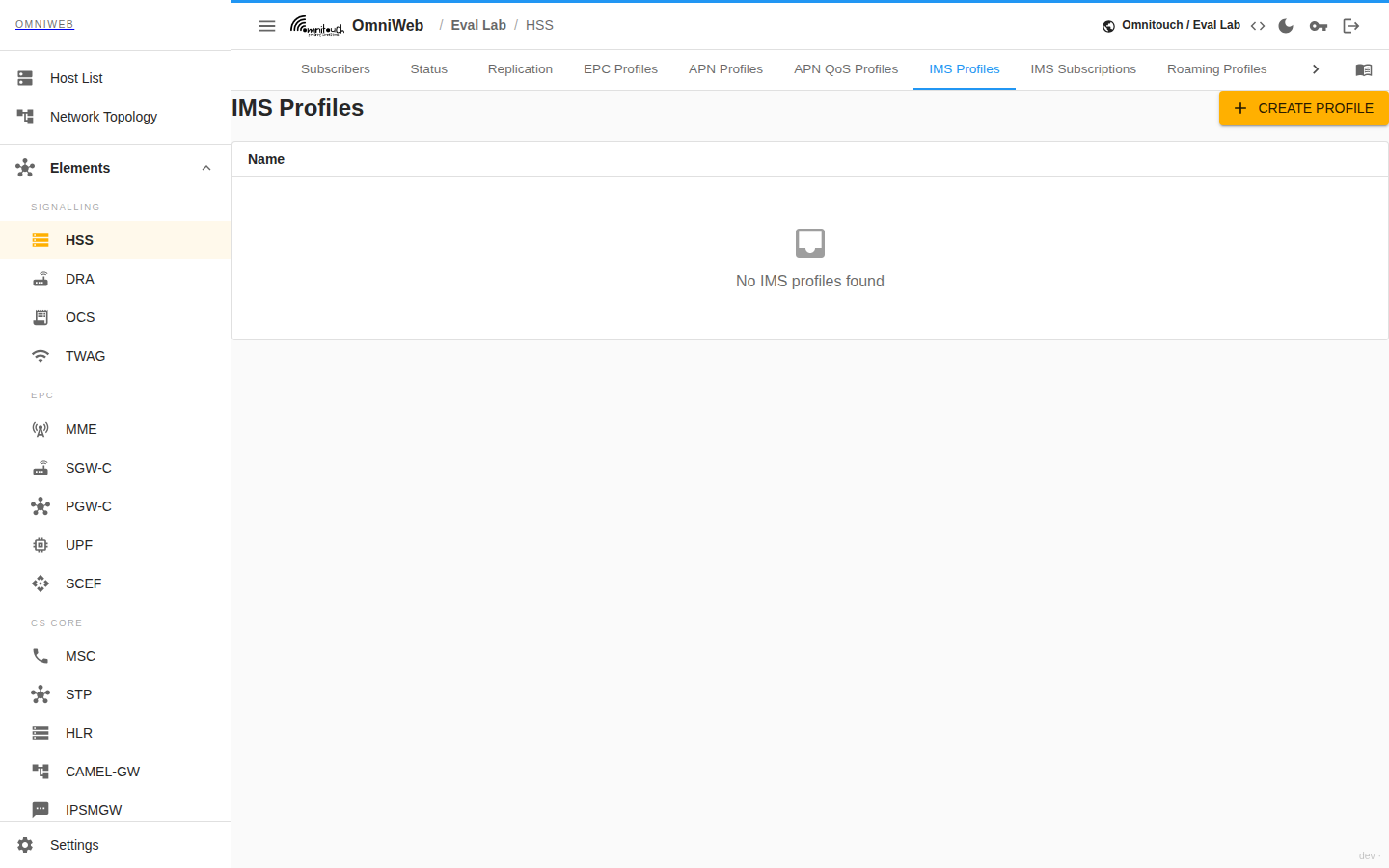 The HSS IMS Profiles tab showing profiles and their iFC template
