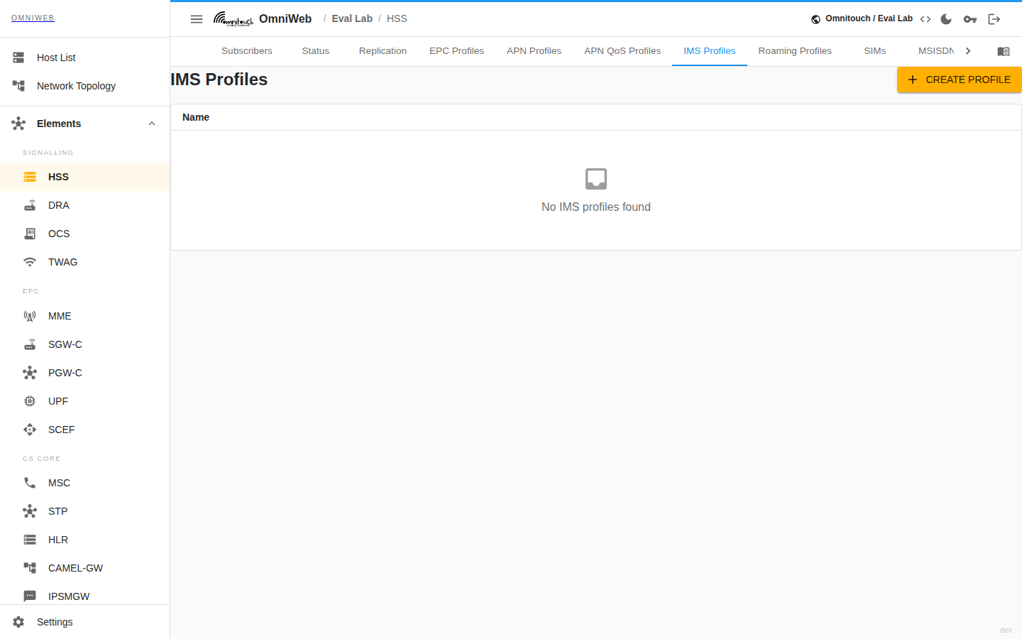 The HSS IMS Profiles tab showing profiles and their iFC template