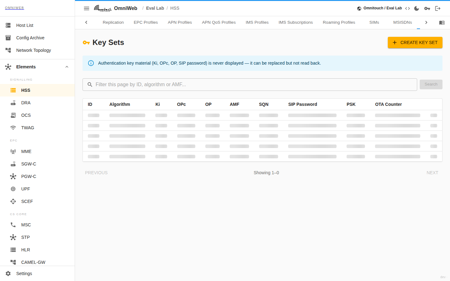 The HSS Key Sets tab listing the authentication credential store with algorithm, AMF and SQN, and the key material shown as redacted