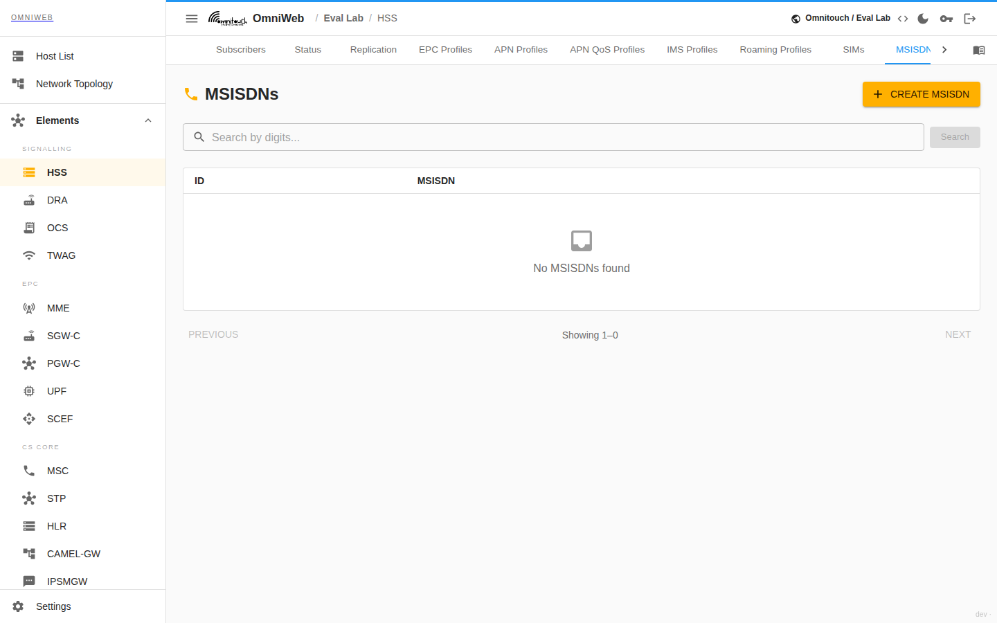 The HSS MSISDNs tab with a digit search box and the list of provisioned phone numbers