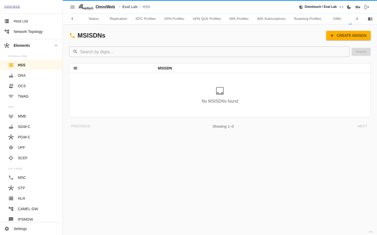 The HSS MSISDNs tab with a digit search box and the list of provisioned phone numbers