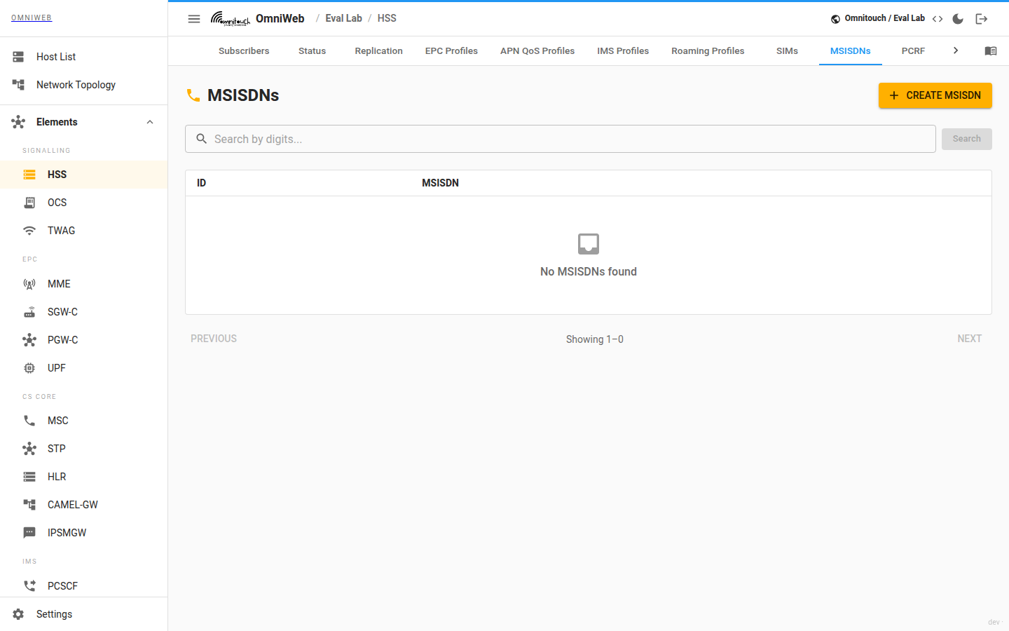 The HSS MSISDNs tab with a digit search box and the list of provisioned phone numbers