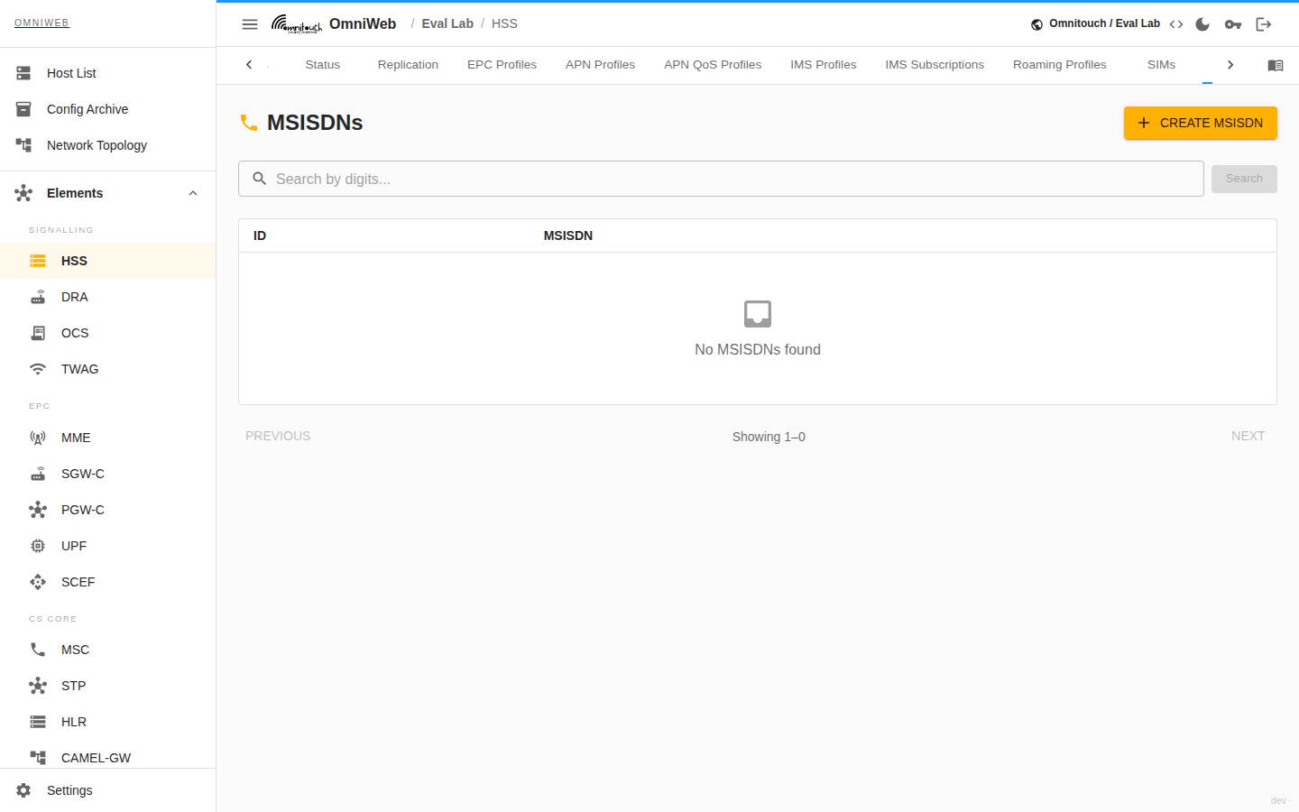 The HSS MSISDNs tab with a digit search box and the list of provisioned phone numbers