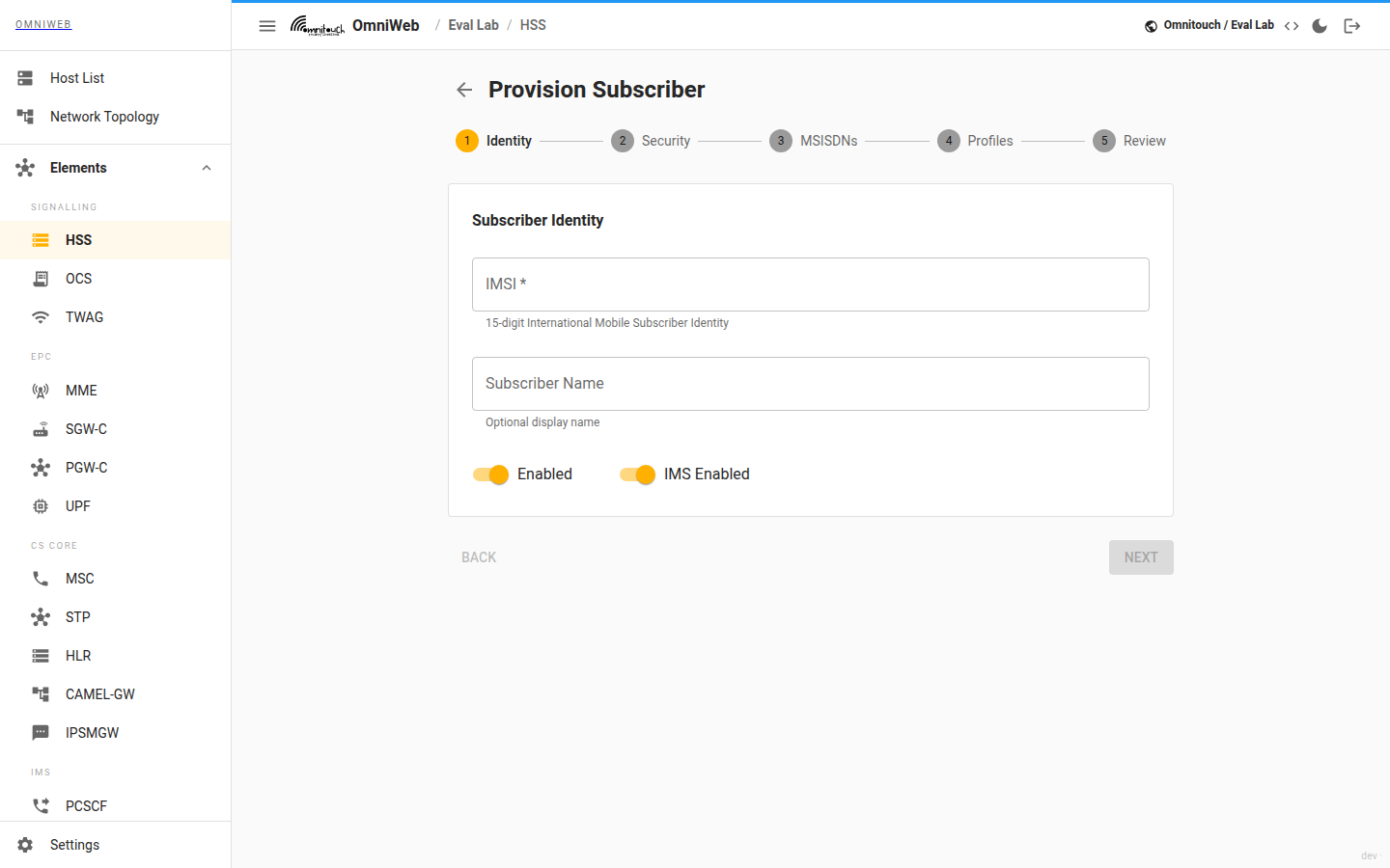 The HSS provisioning form with subscriber identity, authentication key set, SIM card, phone numbers and profile assignment sections
