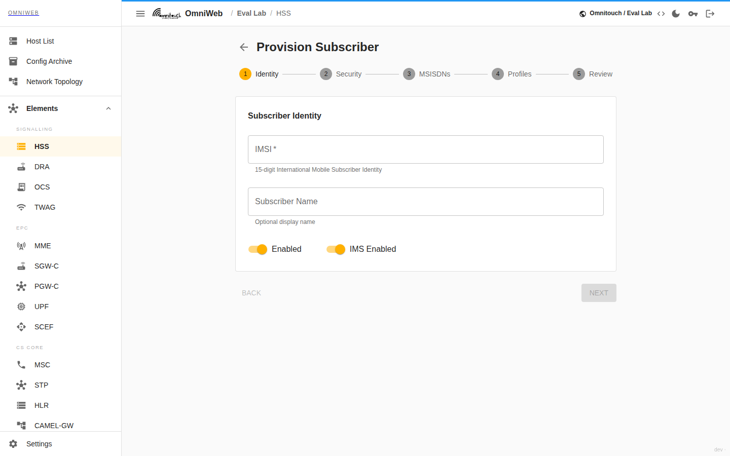 The HSS provisioning form with subscriber identity, authentication key set, SIM card, phone numbers and profile assignment sections