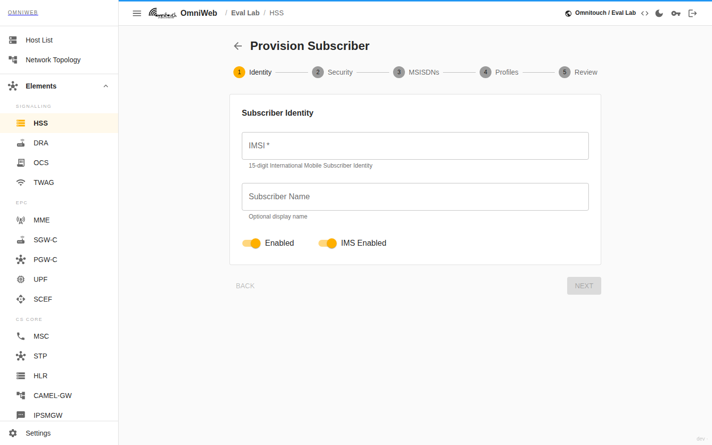 The HSS provisioning form with subscriber identity, authentication key set, SIM card, phone numbers and profile assignment sections
