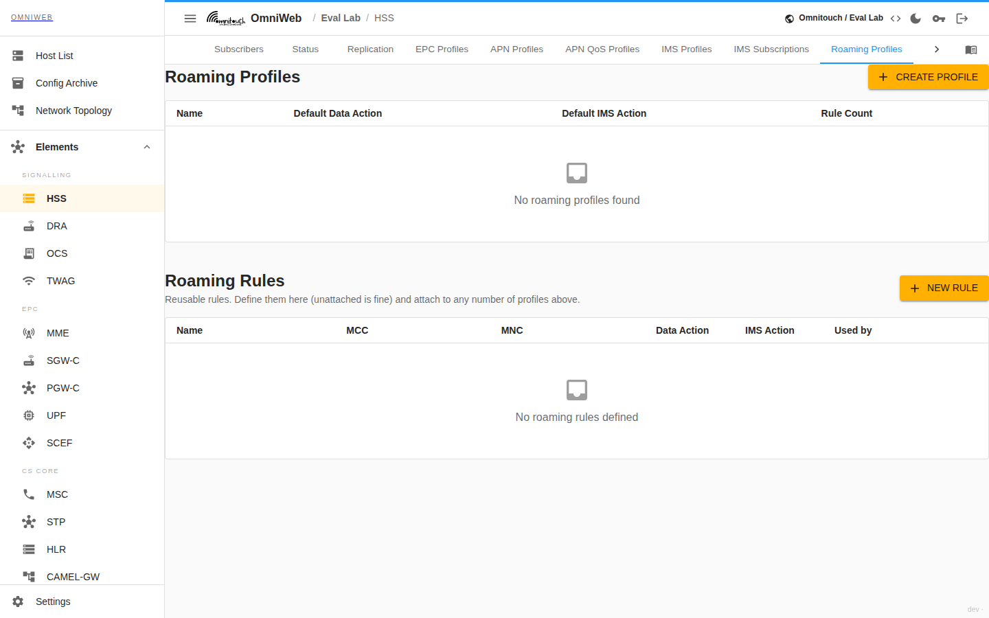 The HSS Roaming Profiles tab showing roaming profiles and their per‑network rules
