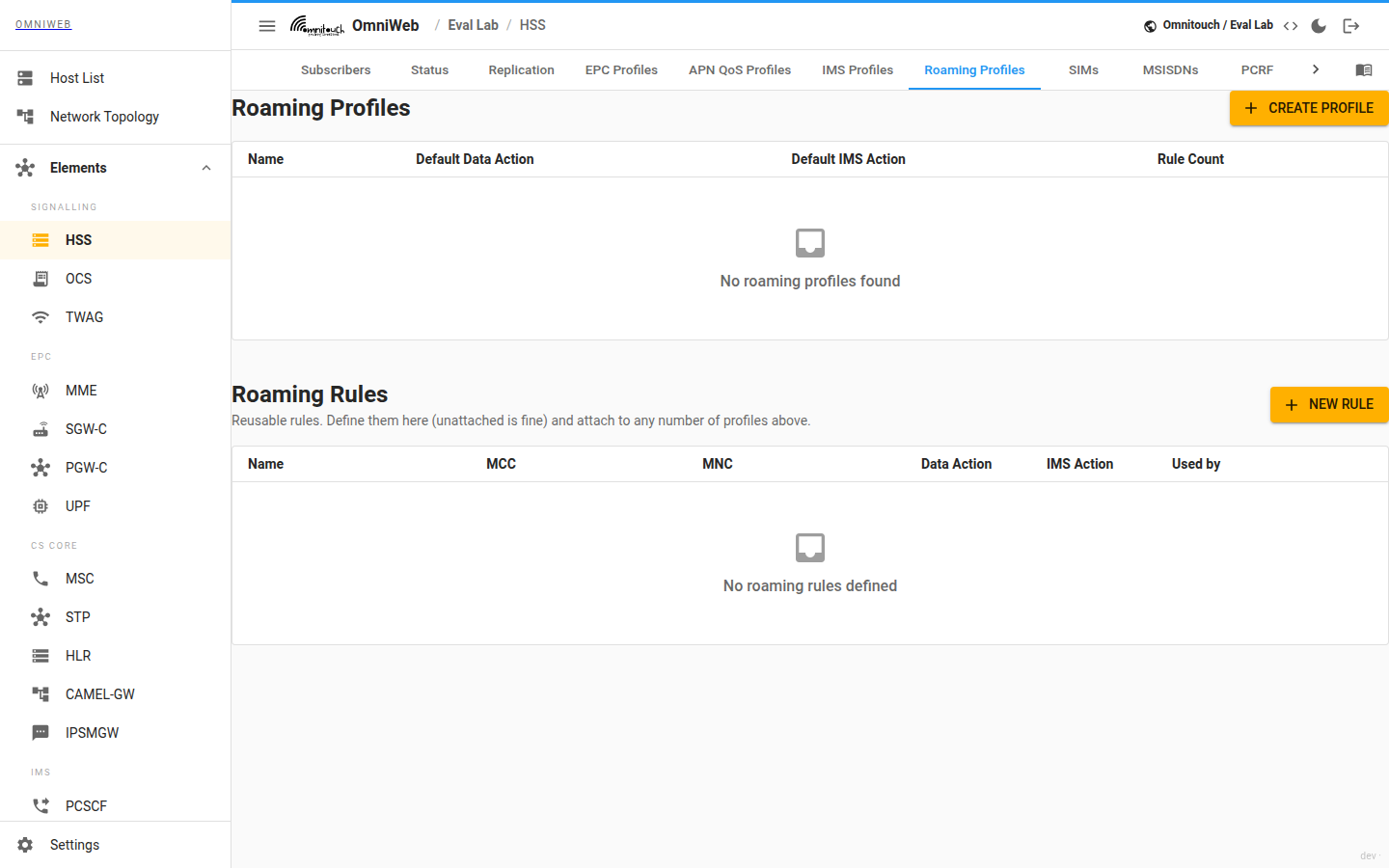 The HSS Roaming Profiles tab showing roaming profiles and their per‑network rules