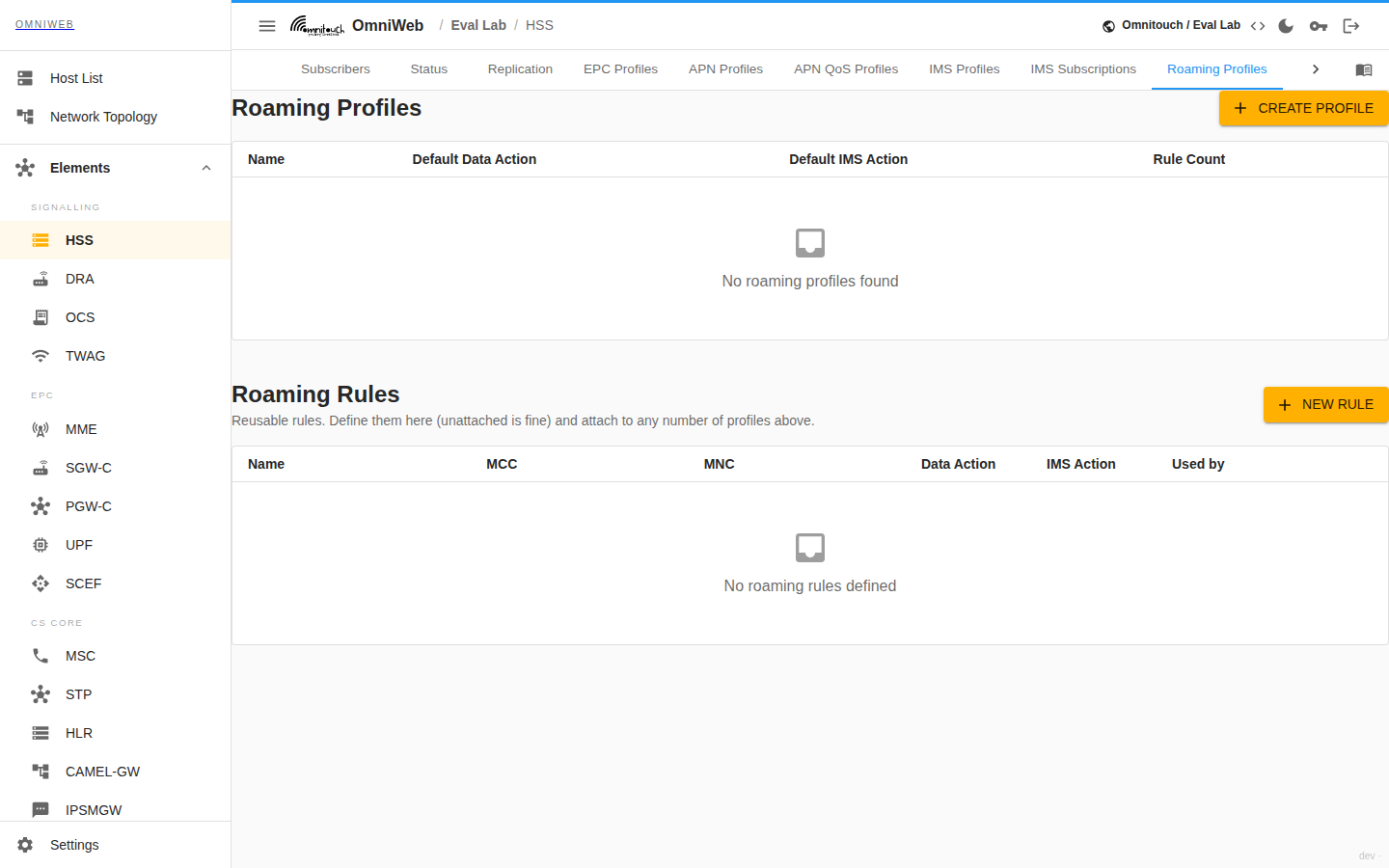 The HSS Roaming Profiles tab showing roaming profiles and their per‑network rules