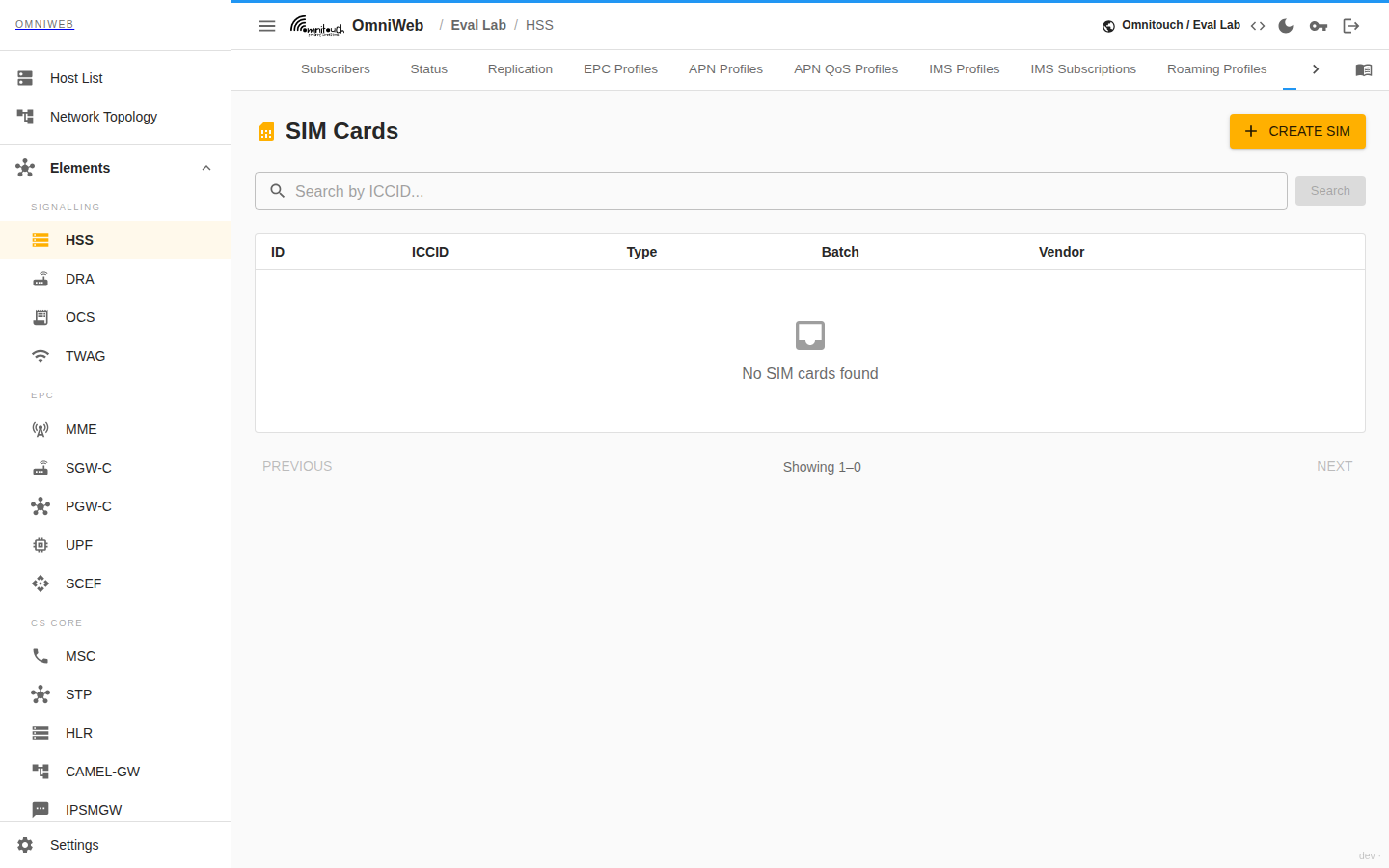The HSS SIMs tab listing the SIM inventory with ICCID, eSIM flag, batch and vendor, and the key‑set and ADM‑key detail