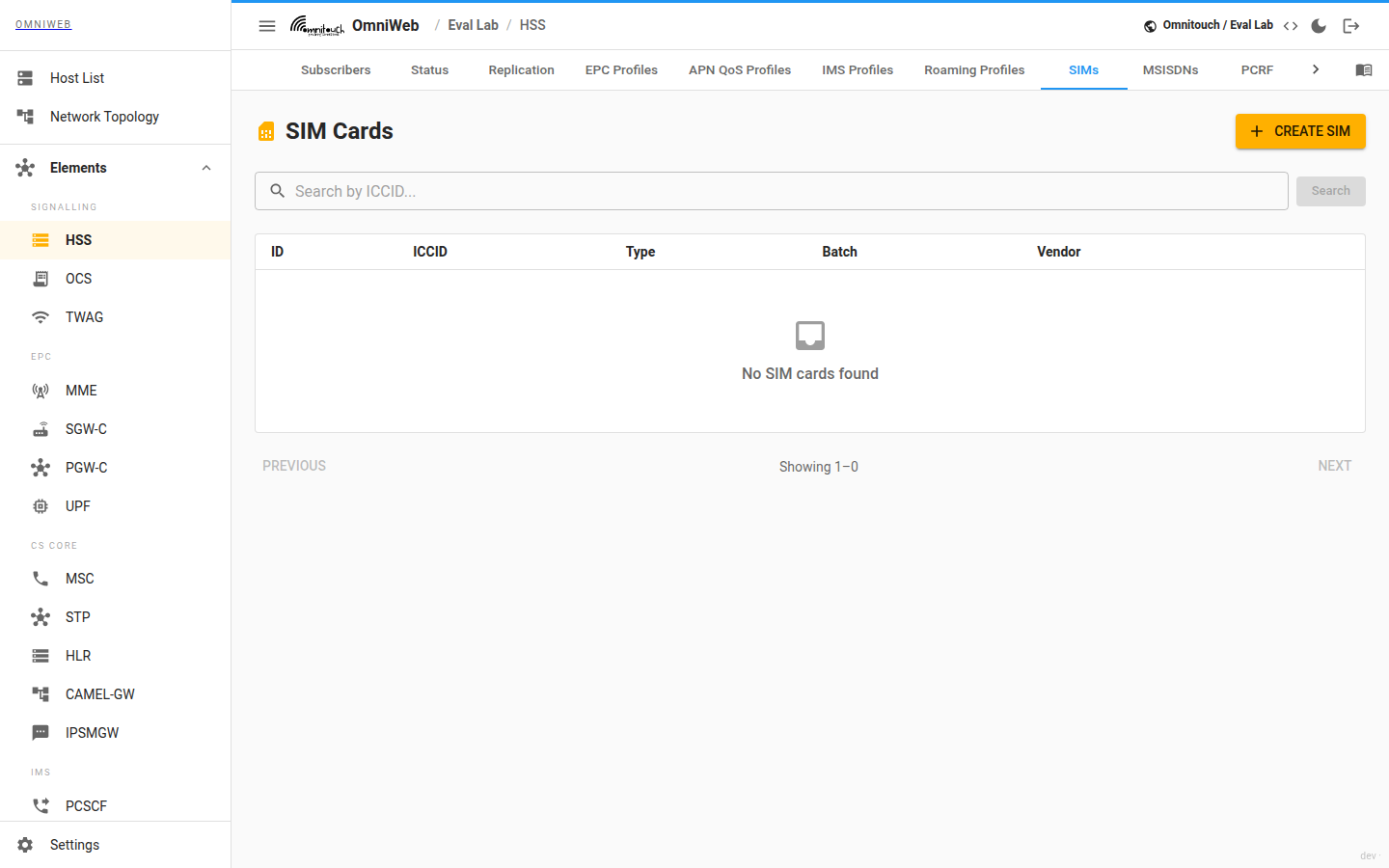 The HSS SIMs tab listing the SIM inventory with ICCID, eSIM flag, batch and vendor, and the key‑set and ADM‑key detail
