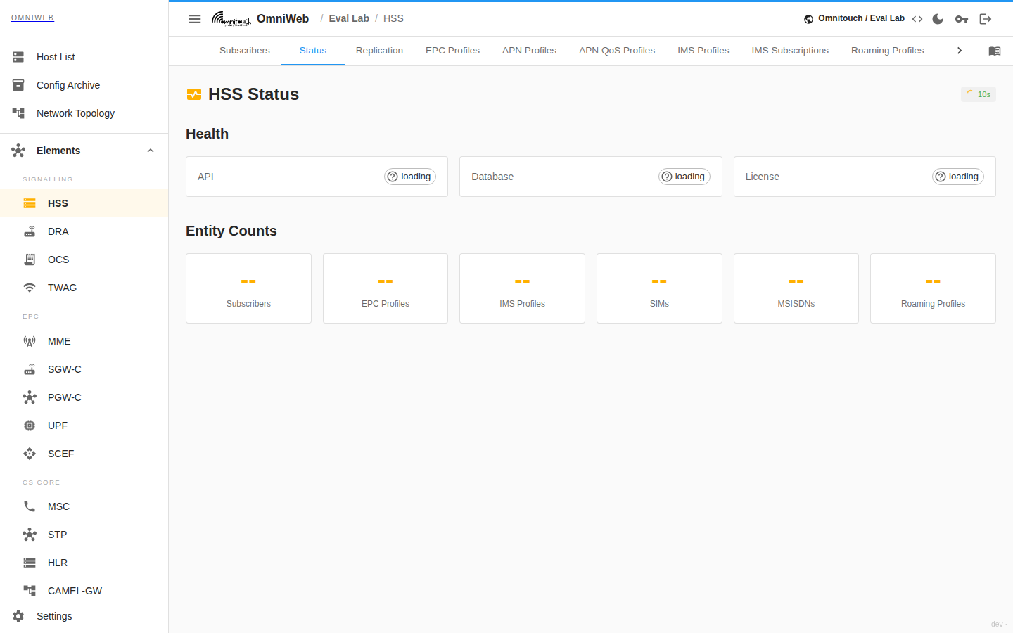 The HSS Status tab showing API, database and license health and the subscriber, profile, SIM and MSISDN counts