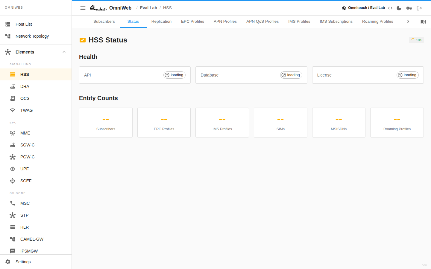 The HSS Status tab showing API, database and license health and the subscriber, profile, SIM and MSISDN counts
