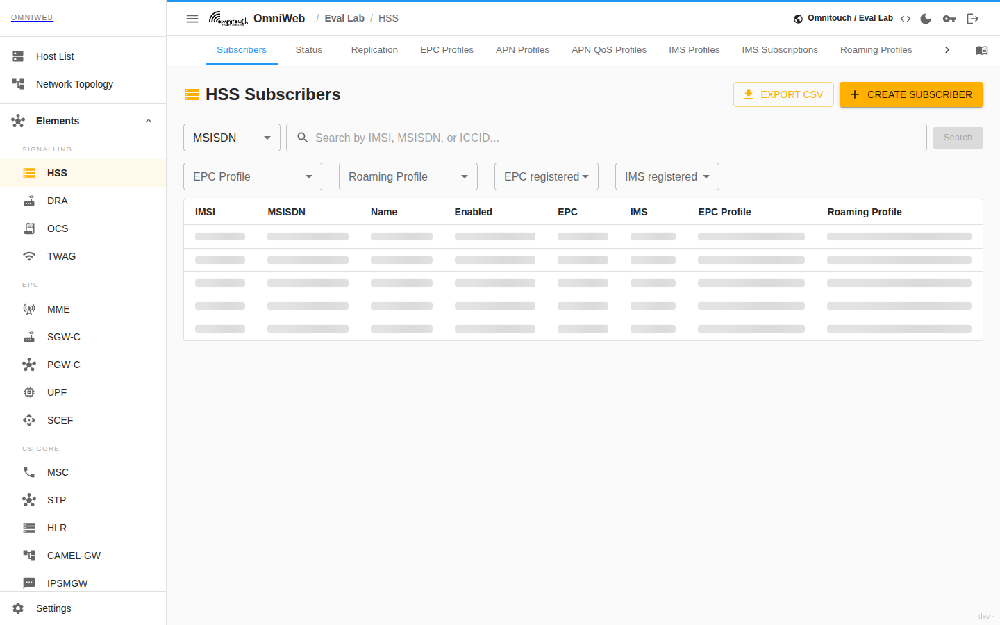 The HSS Subscribers tab with a search box for IMSI, MSISDN or ICCID and the resulting subscriber list