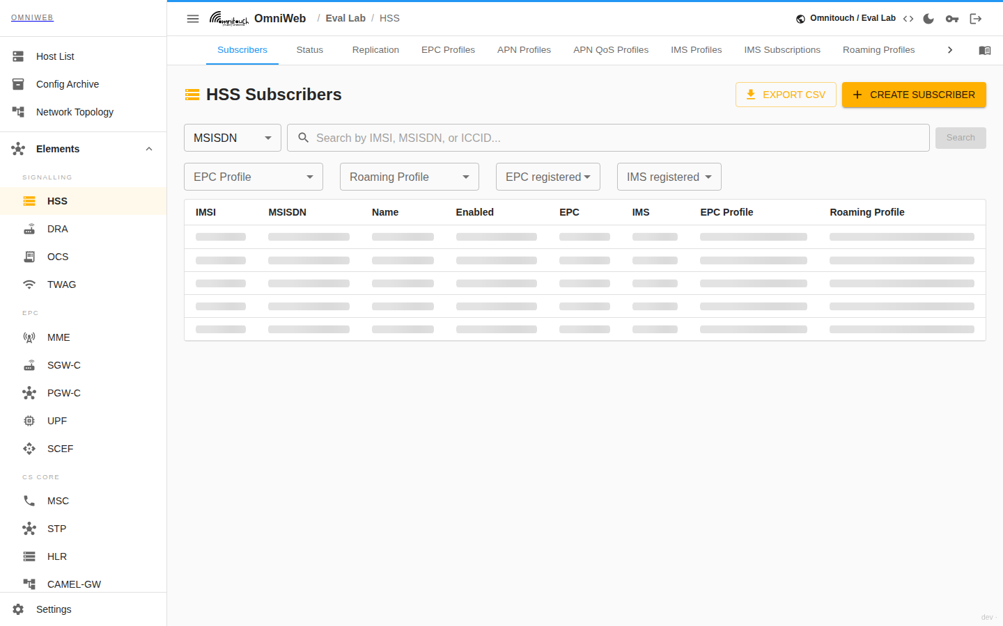 The HSS Subscribers tab with a search box for IMSI, MSISDN or ICCID and the resulting subscriber list