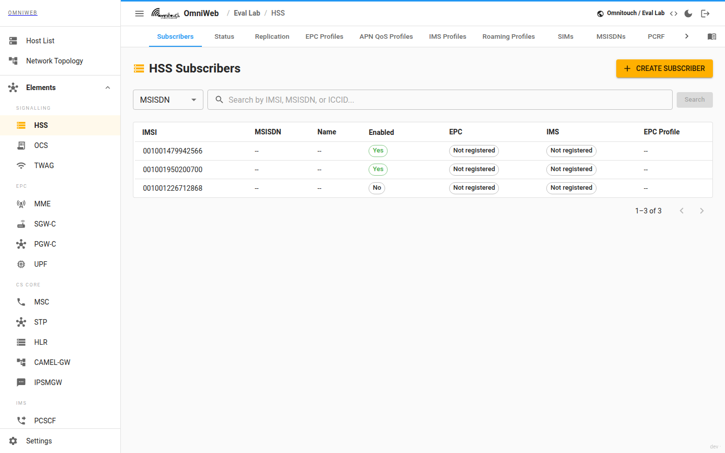 The HSS Subscribers tab with a search box for IMSI, MSISDN or ICCID and the resulting subscriber list