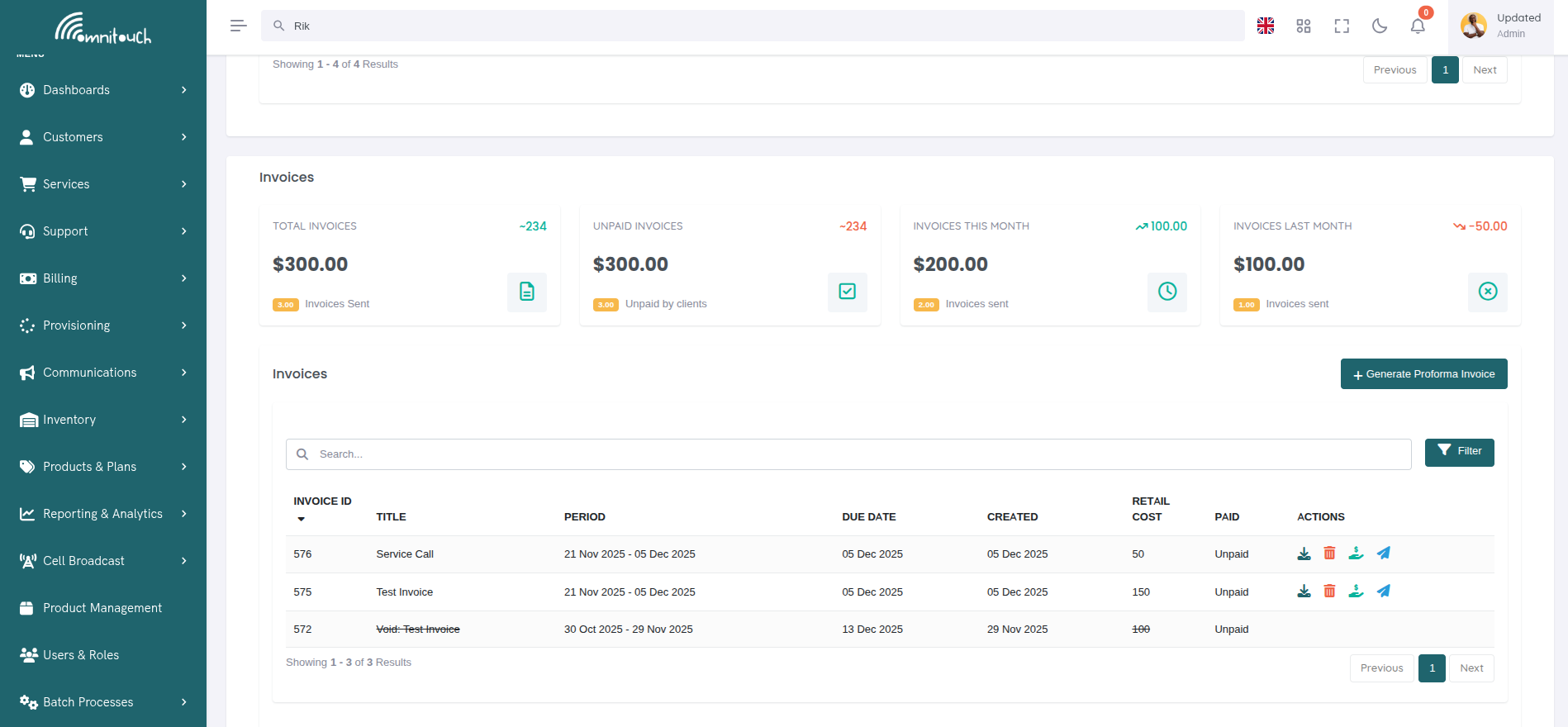 Invoice Statistics and List