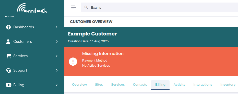 Missing Payment Method Warning