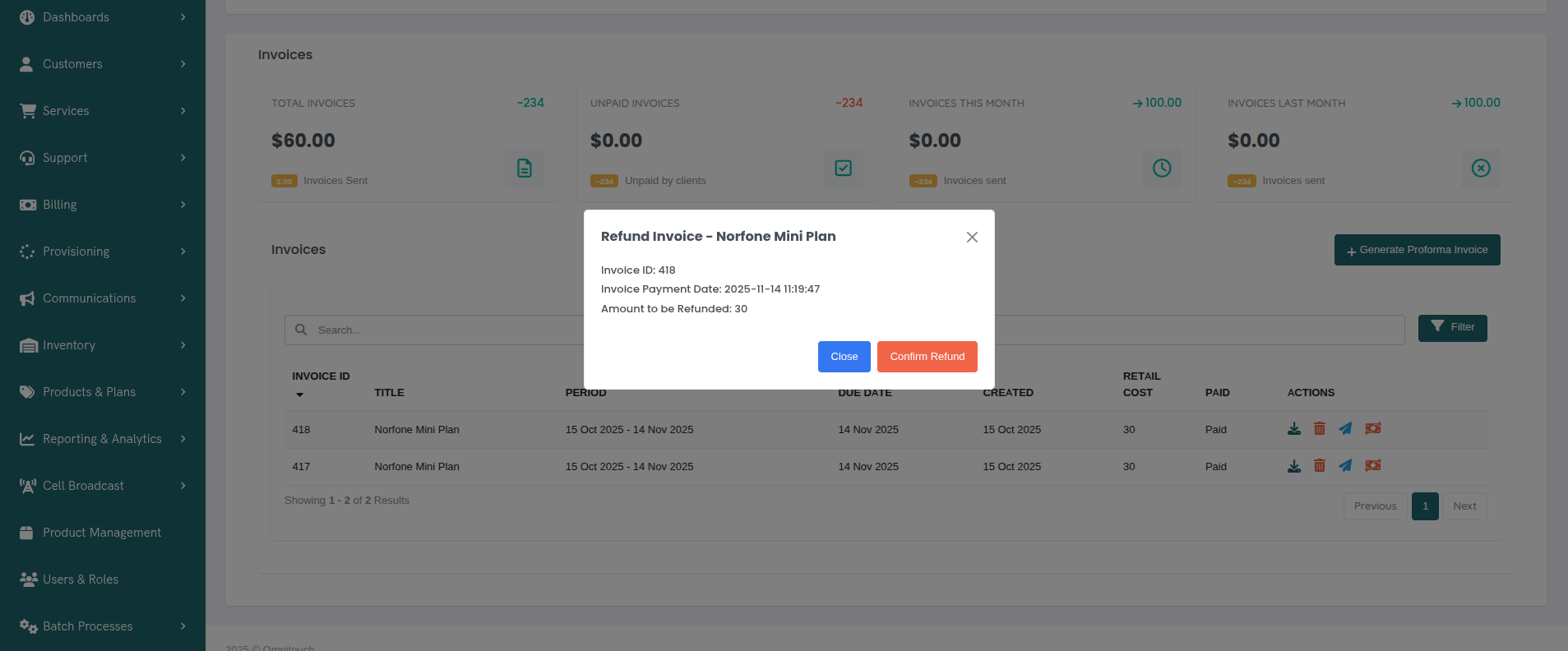Refund Invoice Confirmation Modal