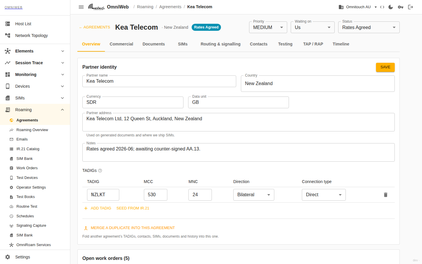 The agreement Documents section — buttons to generate AA.12, AA.13, CLL, TCC and the TNS forms, with the list of generated and received documents and their sign / download actions