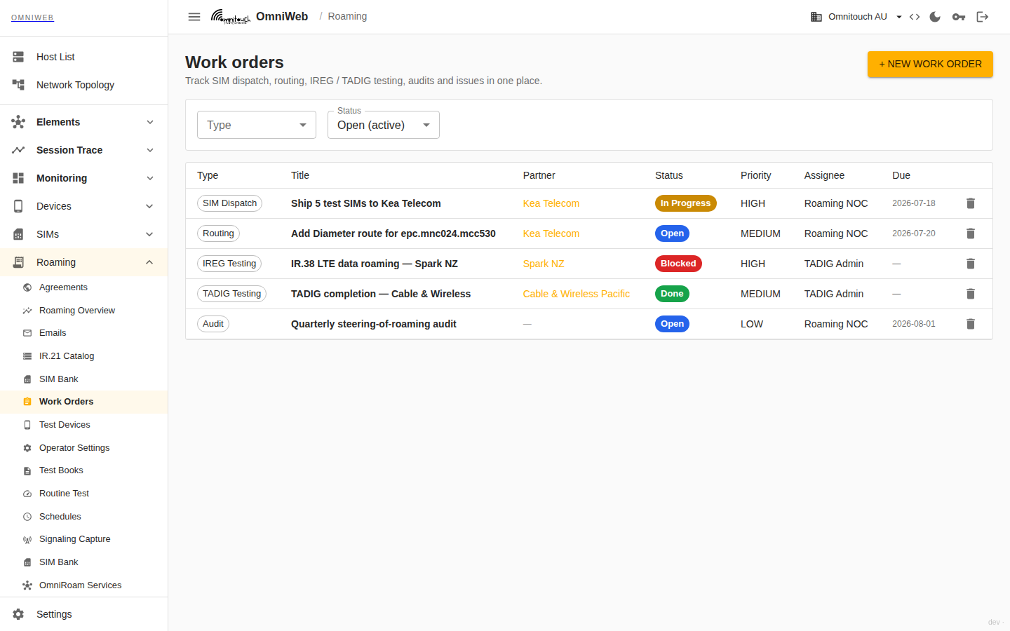The Work Orders board — SIM dispatch, routing, IREG/TADIG test, audit and issue work orders with type, priority, status and assignee