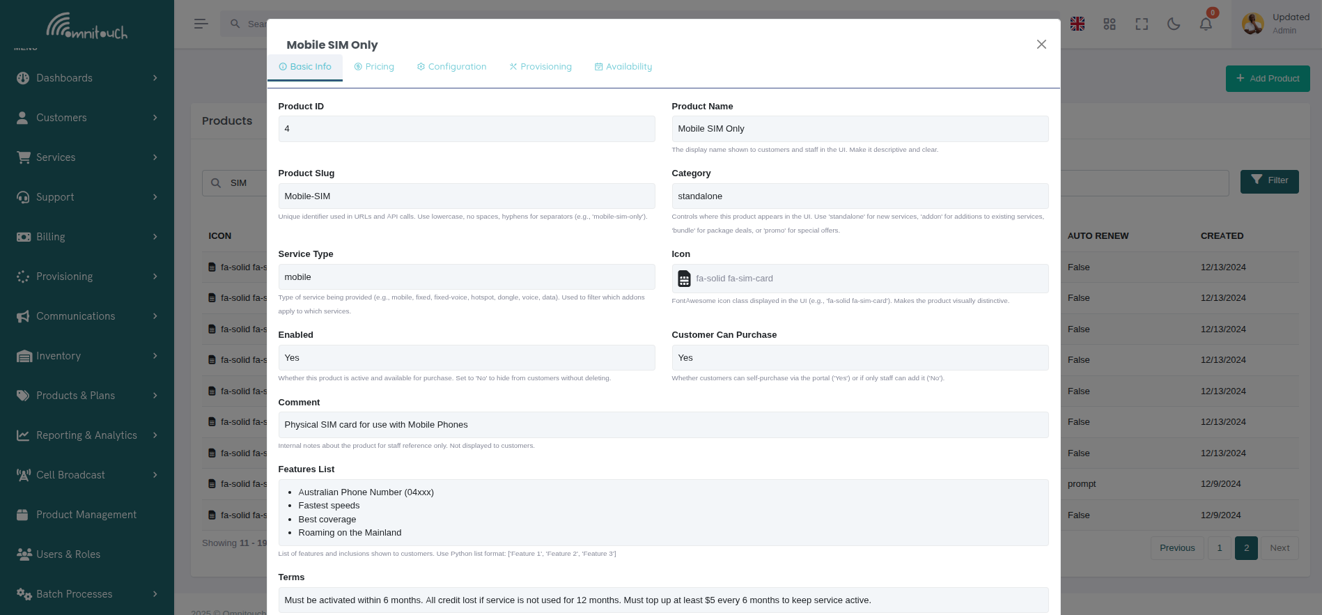 Product Modal - Basic Info Tab