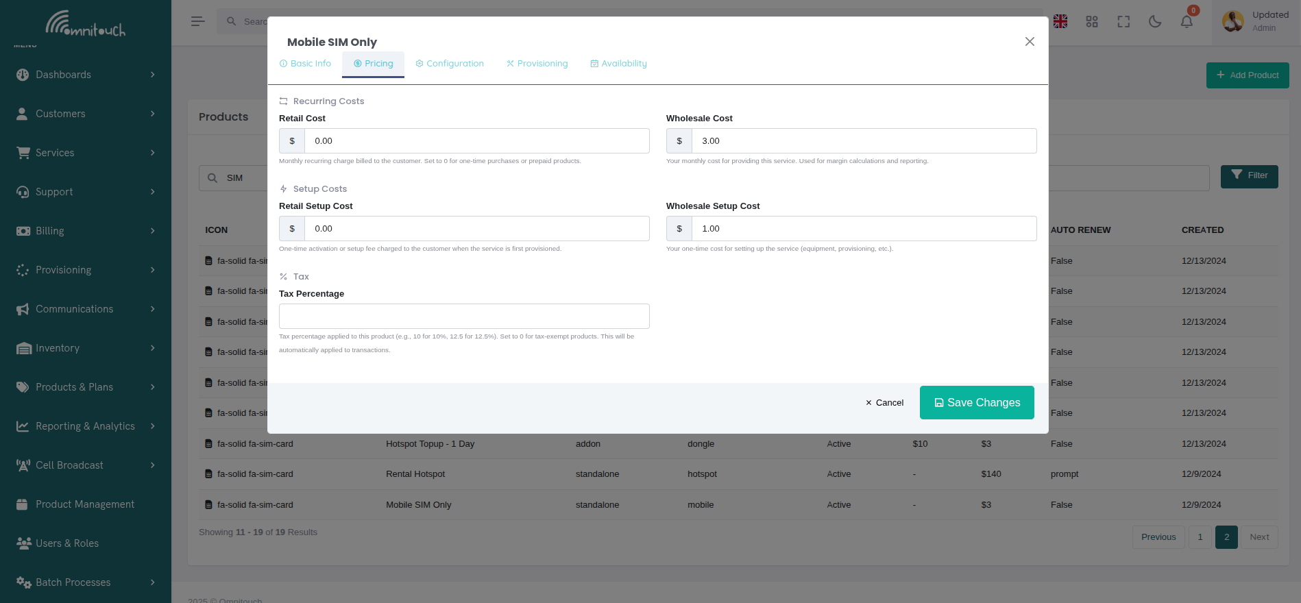 Product Modal - Pricing Tab