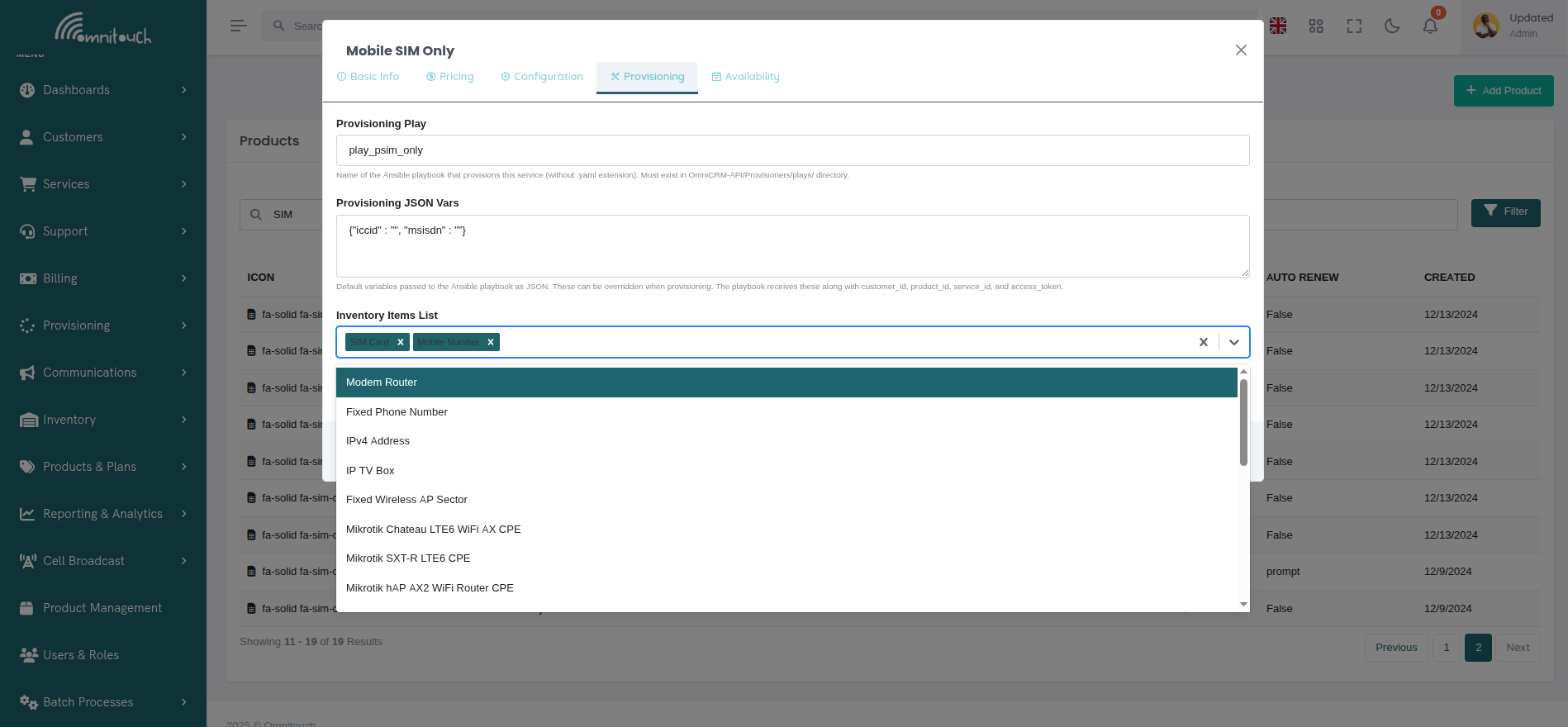 Product Modal - Provisioning Tab
