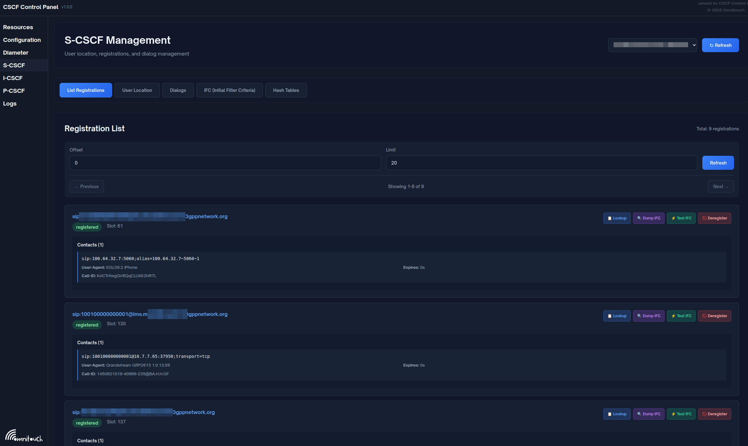 S-CSCF Registration List