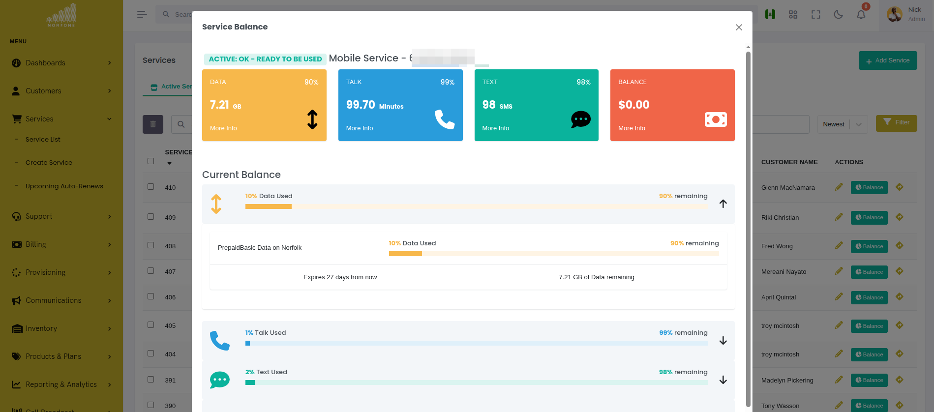 Service Balance Modal