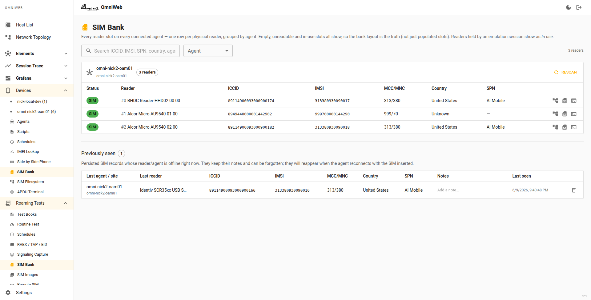 SIM Bank — one row per physical reader slot, grouped by agent, showing card presence and identity